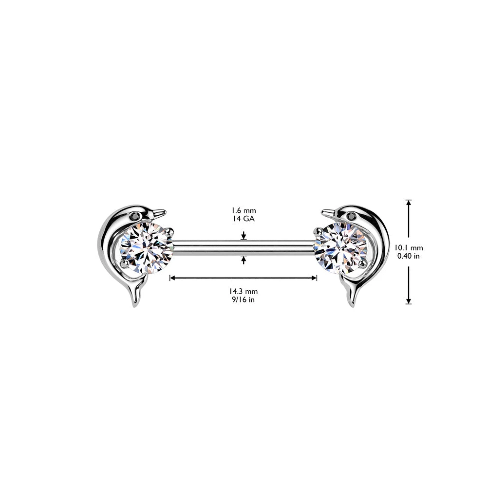 316L Surgical Steel White CZ Dolphin Nipple Ring Straight Barbell