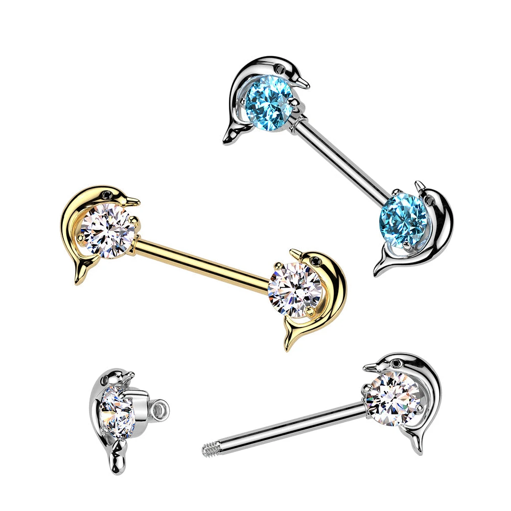 316L Surgical Steel Aqua CZ Dolphin Nipple Ring Straight Barbell