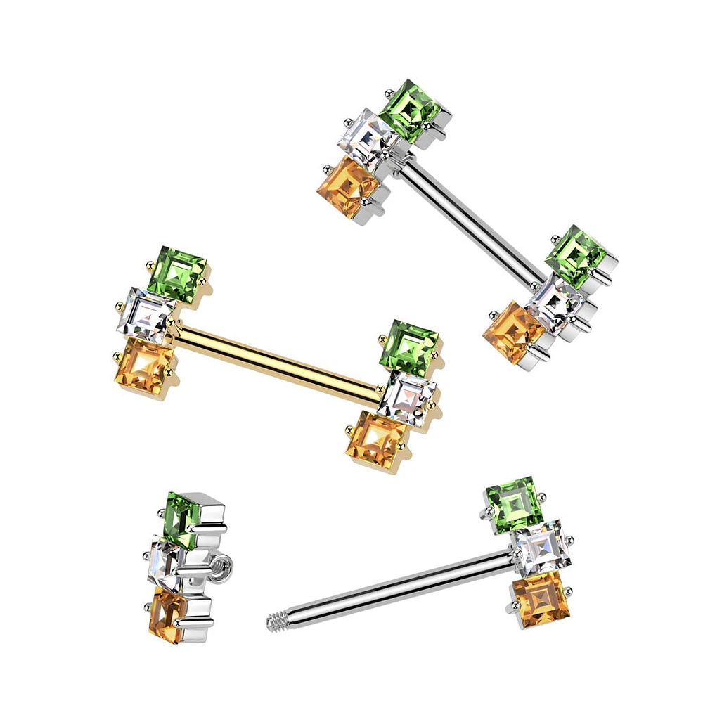 316L Surgical Steel Gold PVD Green White & Orange Straight Barbell Nipple Ring