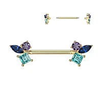 316L Surgical Steel Gold PVD Blue Aqua & Purple CZ Cluster Straight Barbell Nipple Ring