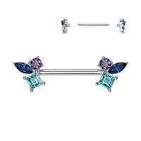 316L Surgical Steel Blue Aqua & Purple CZ Cluster Straight Barbell Nipple Ring