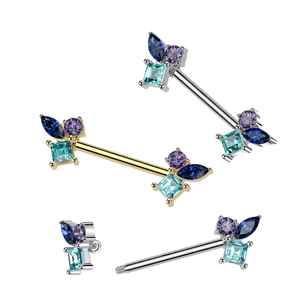 316L Surgical Steel Blue Aqua & Purple CZ Cluster Straight Barbell Nipple Ring