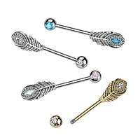 316L Surgical Steel White CZ Peacock Feather Nipple Ring Straight Barbell