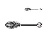 316L Surgical Steel White CZ Peacock Feather Nipple Ring Straight Barbell