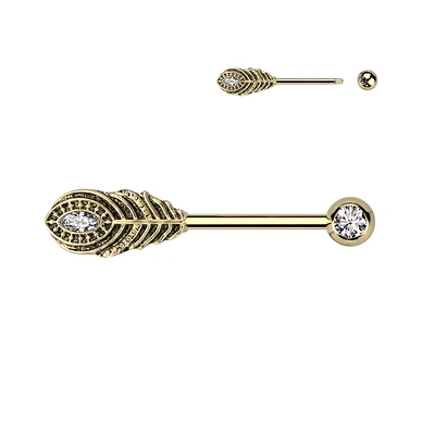 316L Surgical Steel Gold PVD White CZ Peacock Feather Nipple Ring Straight Barbell