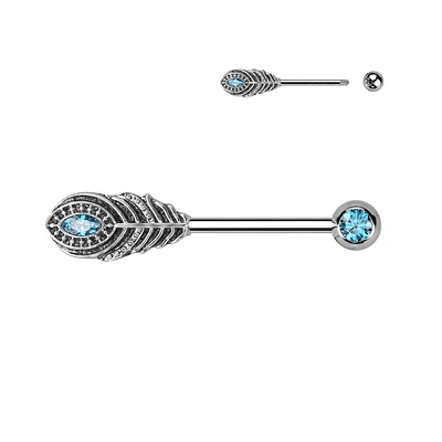 316L Surgical Steel Aqua CZ Peacock Feather Nipple Ring Straight Barbell