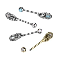 316L Surgical Steel Gold PVD White CZ Peacock Feather Nipple Ring Straight Barbell