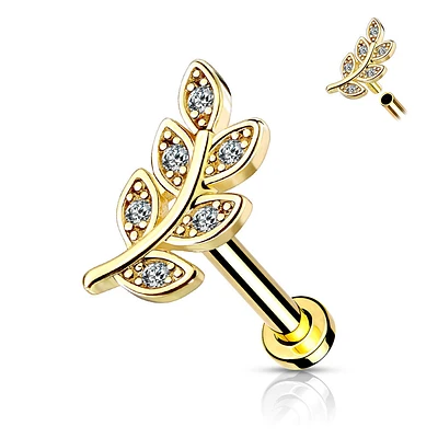 316L Surgical Steel Gold PVD White CZ Leaf Flat Back Labret