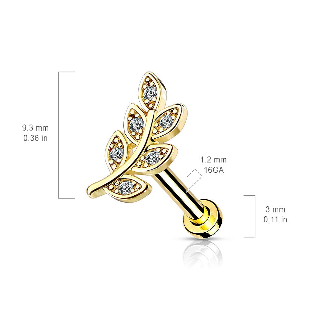 316L Surgical Steel Gold PVD White CZ Leaf Flat Back Labret