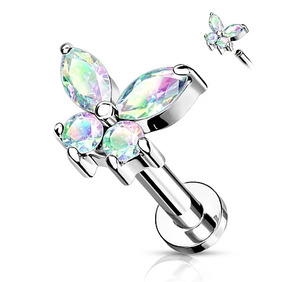 316L Surgical Steel Aurora Borealis CZ Dainty Butterfly Flat Back Labret