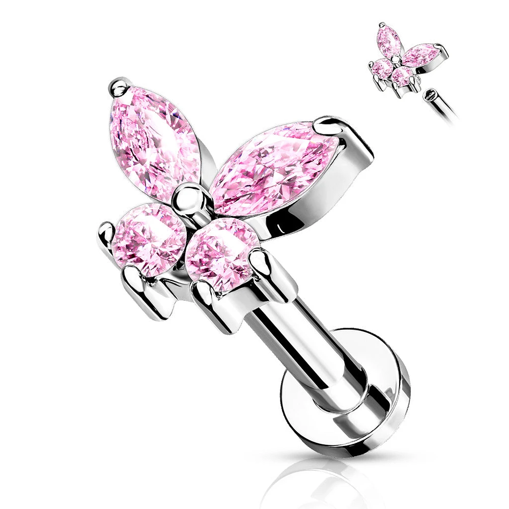 316L Surgical Steel Pink CZ Dainty Butterfly Flat Back Labret