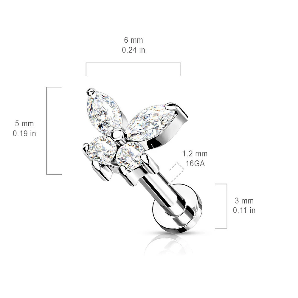 316L Surgical Steel Aqua CZ Dainty Butterfly Flat Back Labret