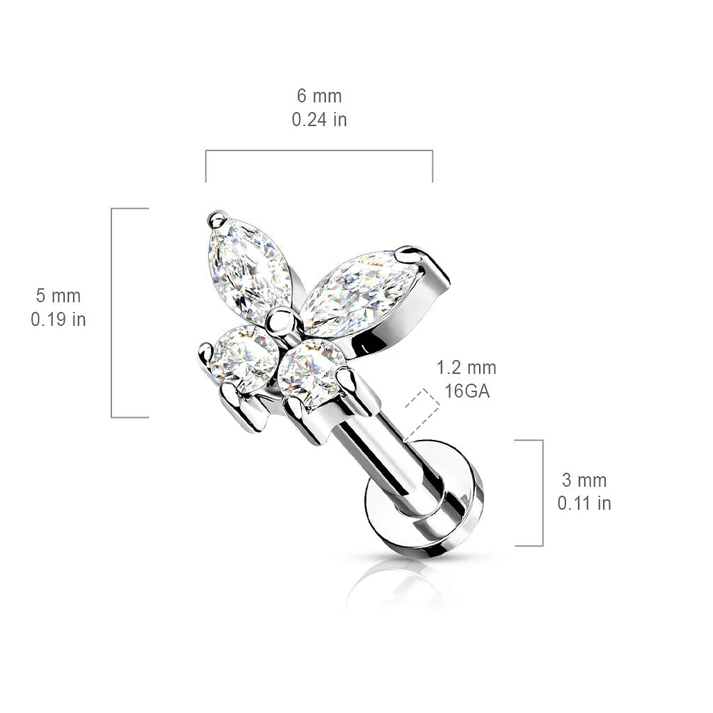 316L Surgical Steel Gold PVD White CZ Dainty Butterfly Flat Back Labret
