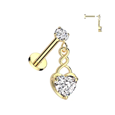 316L Surgical Steel Gold PVD White CZ Internally Threaded Heart Dangle Flat Back Labret