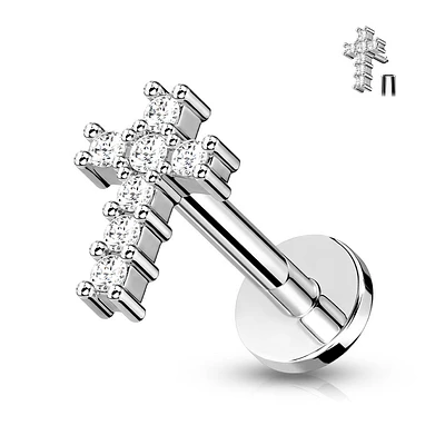 316L Surgical Steel White CZ Dainty Internally Threaded Cross Flat Back Labret