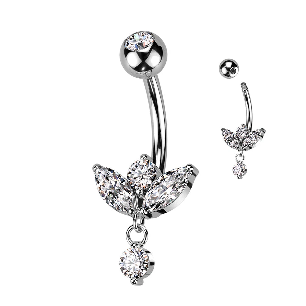 316L Surgical Steel White CZ 3 Petal Flower With Single Gem Dangle Belly Ring