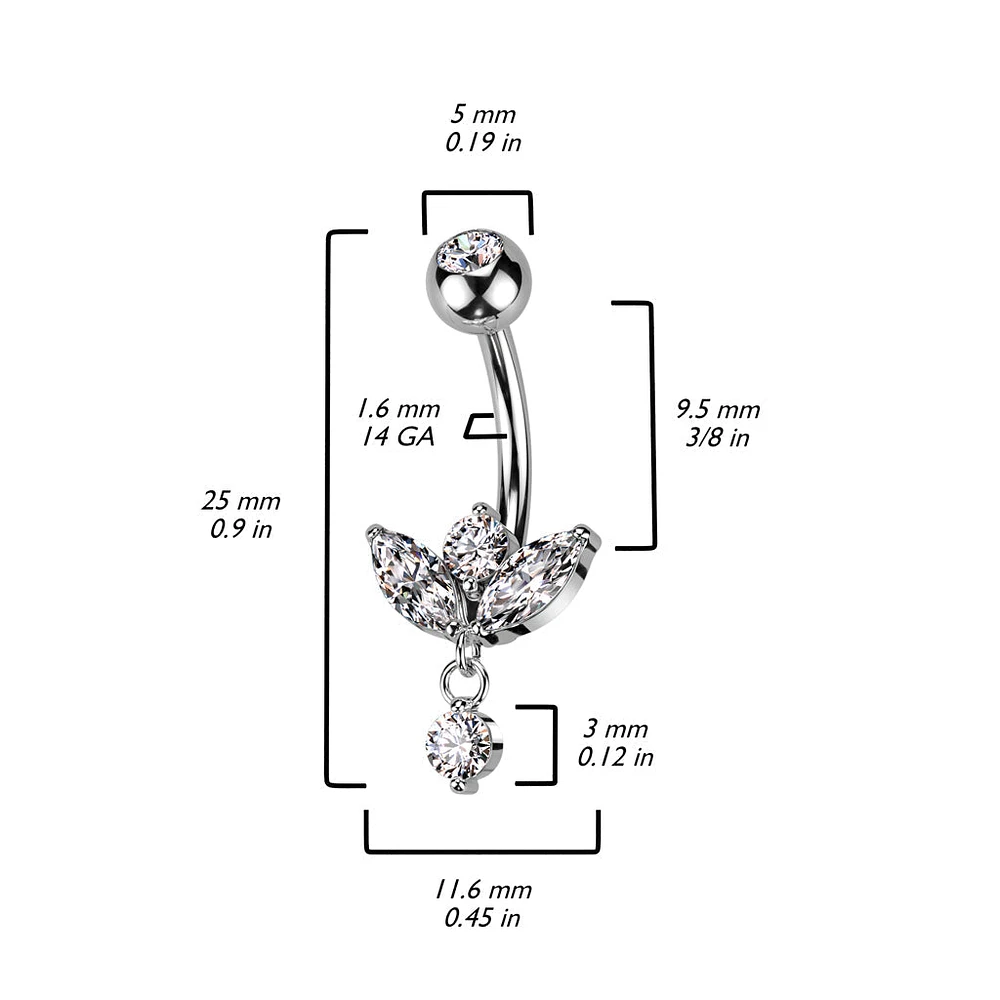 316L Surgical Steel White CZ 3 Petal Flower With Single Gem Dangle Belly Ring