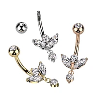 316L Surgical Steel White CZ 3 Petal Flower With Single Gem Dangle Belly Ring