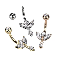 316L Surgical Steel Rose Gold PVD White CZ 3 Petal Flower With Single Gem Dangle Belly Ring
