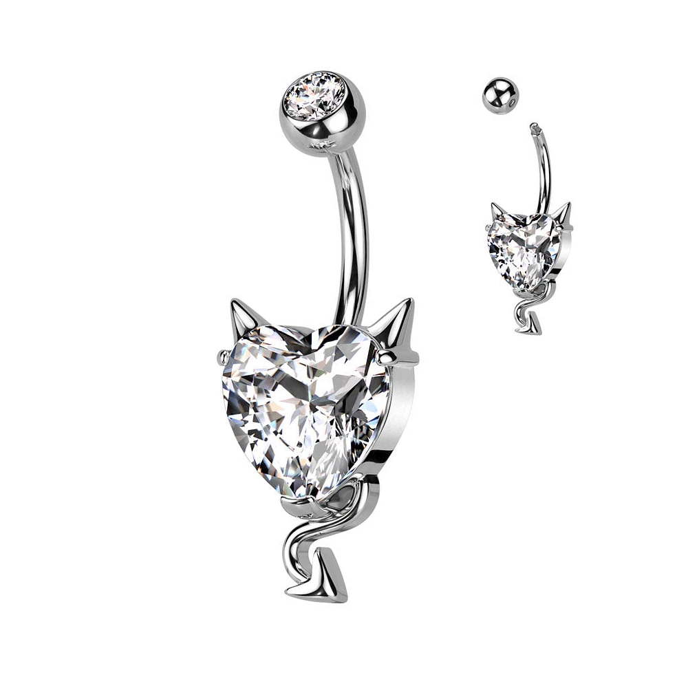 316L Surgical Steel Devil Horns White CZ Heart Belly Ring