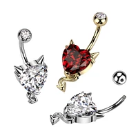 316L Surgical Steel Gold PVD Devil Horns Red CZ Heart Belly Ring