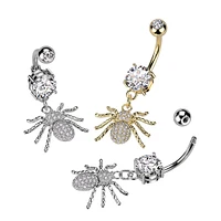 316L Surgical Steel White CZ Spider Dangle Belly Ring