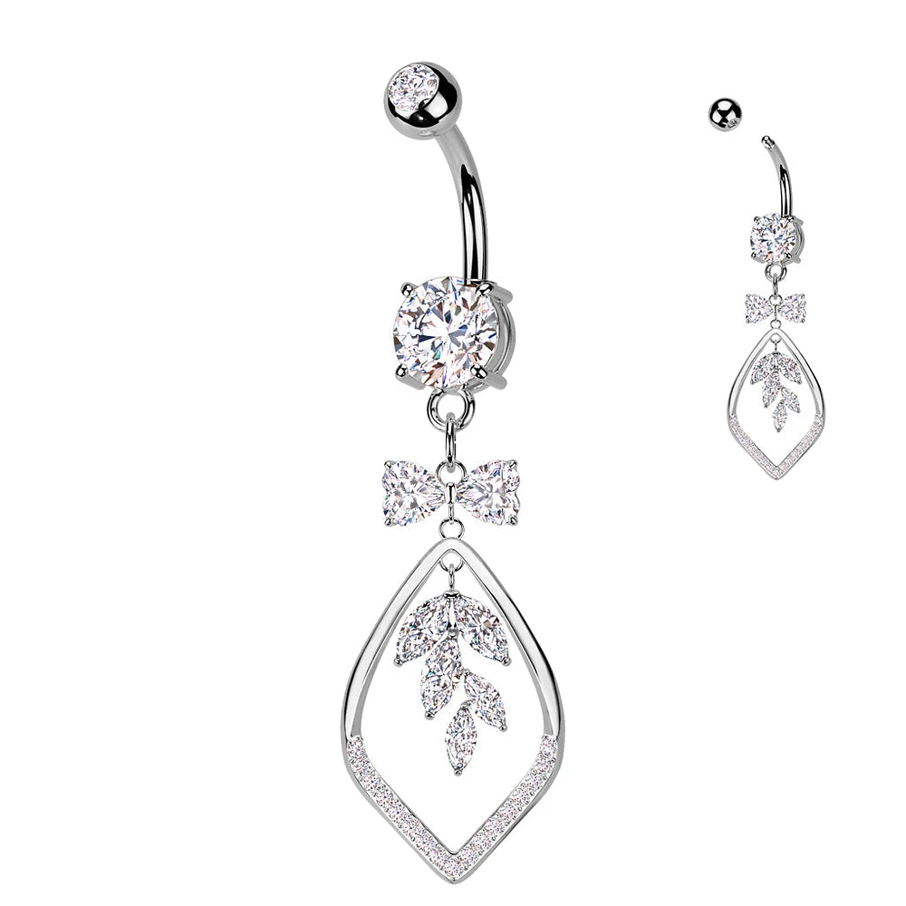 316L Surgical Steel White CZ Bow & Vine Dangle Belly Ring