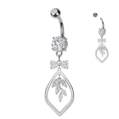 316L Surgical Steel White CZ Bow & Vine Dangle Belly Ring