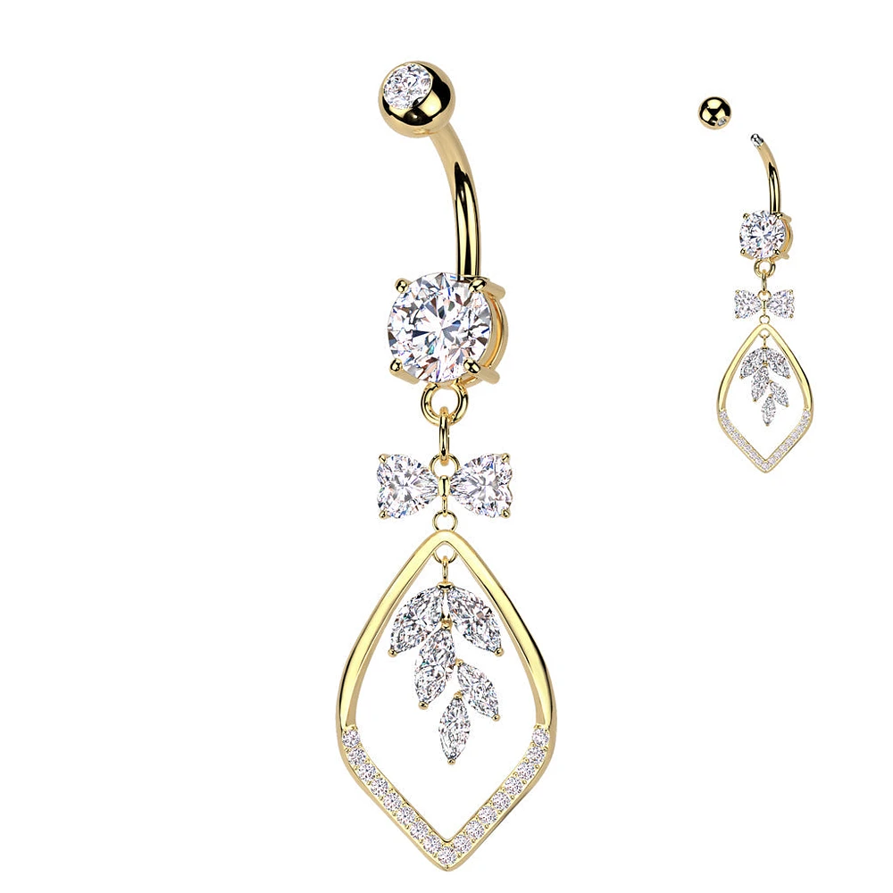 316L Surgical Steel Gold PVD White CZ Bow & Vine Dangle Belly Ring