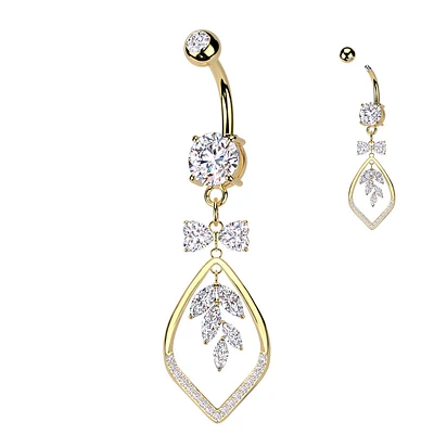 316L Surgical Steel Gold PVD White CZ Bow & Vine Dangle Belly Ring