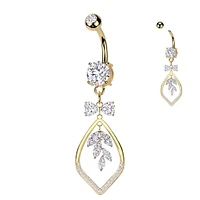 316L Surgical Steel Gold PVD White CZ Bow & Vine Dangle Belly Ring