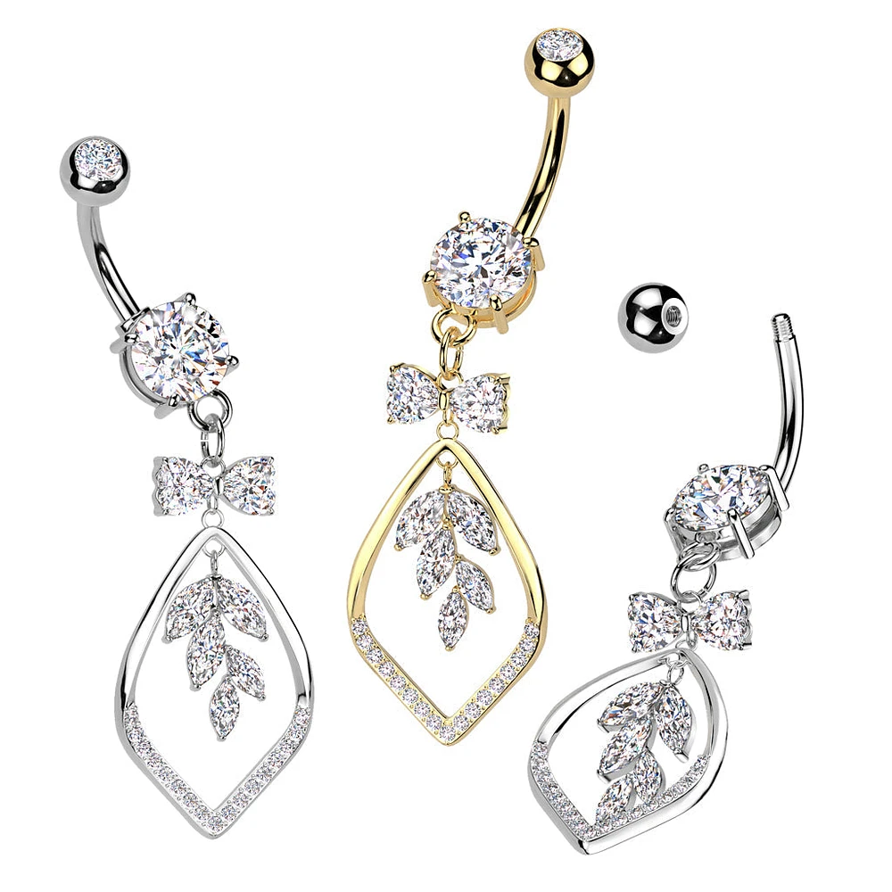 316L Surgical Steel White CZ Bow & Vine Dangle Belly Ring