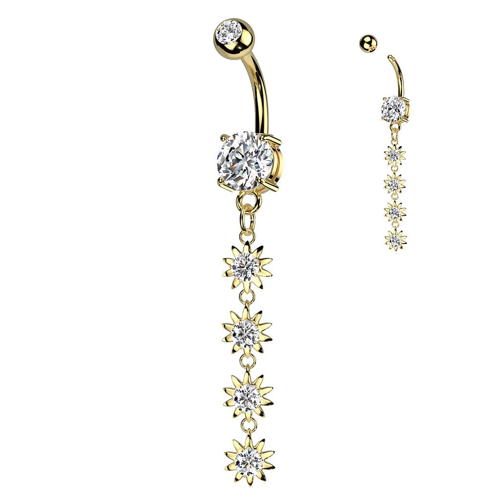 316L Surgical Steel Gold PVD White CZ Gem Long Flower Dangly Belly Ring