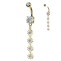 316L Surgical Steel Gold PVD White CZ Gem Long Flower Dangly Belly Ring