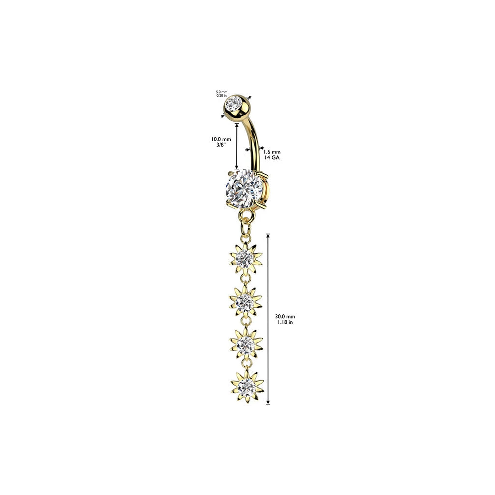 316L Surgical Steel White CZ Gem Long Flower Dangly Belly Ring