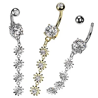 316L Surgical Steel Gold PVD White CZ Gem Long Flower Dangly Belly Ring