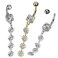 316L Surgical Steel White CZ Gem Long Flower Dangly Belly Ring