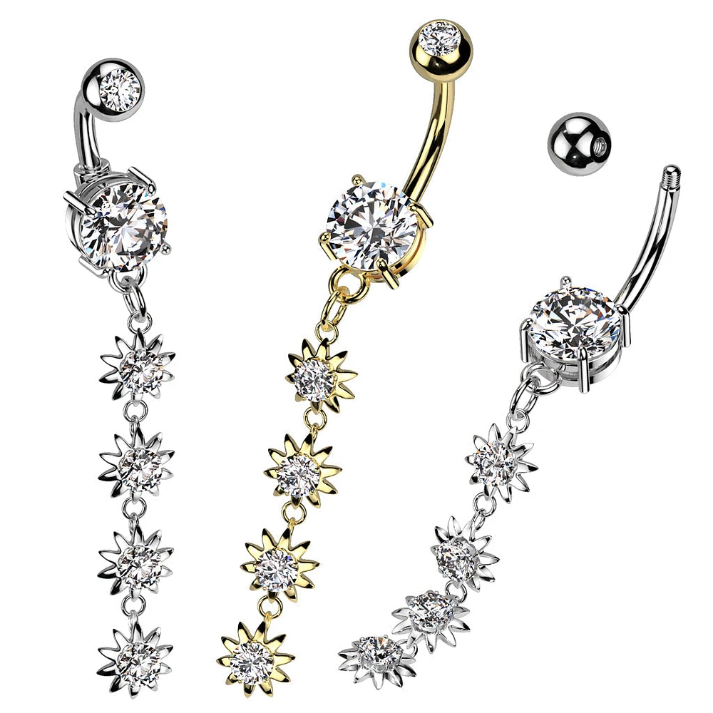 316L Surgical Steel Gold PVD White CZ Gem Long Flower Dangly Belly Ring