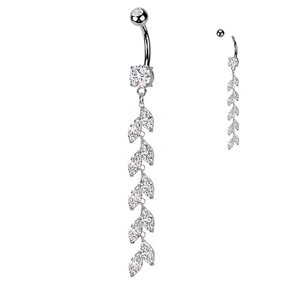 316L Surgical Steel Long White CZ Vine Dangle Belly Ring