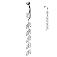 316L Surgical Steel Long White CZ Vine Dangle Belly Ring