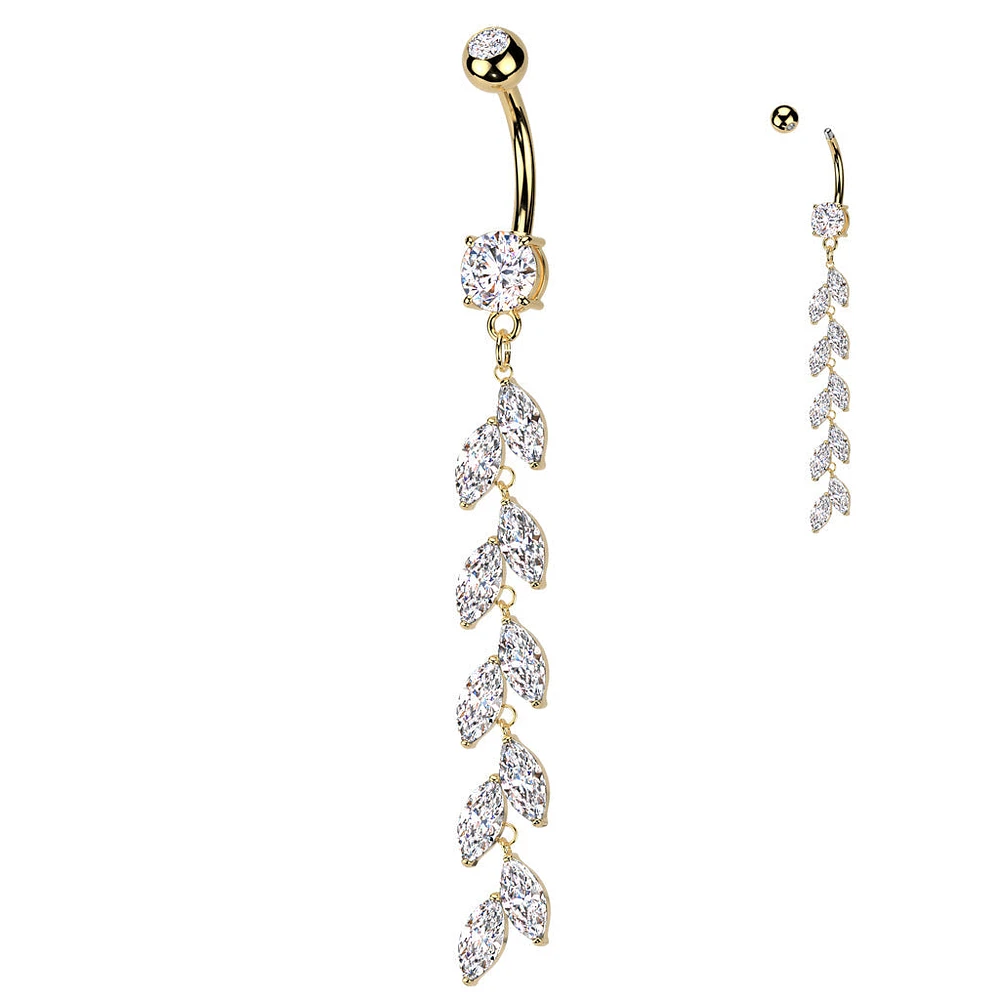 316L Surgical Steel Gold PVD Long White CZ Vine Dangle Belly Ring