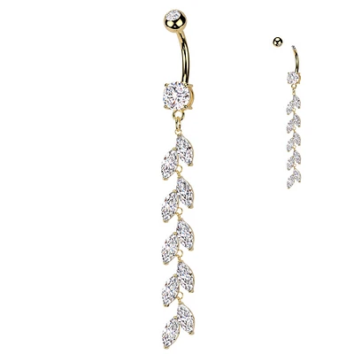 316L Surgical Steel Gold PVD Long White CZ Vine Dangle Belly Ring