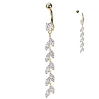 316L Surgical Steel Gold PVD Long White CZ Vine Dangle Belly Ring