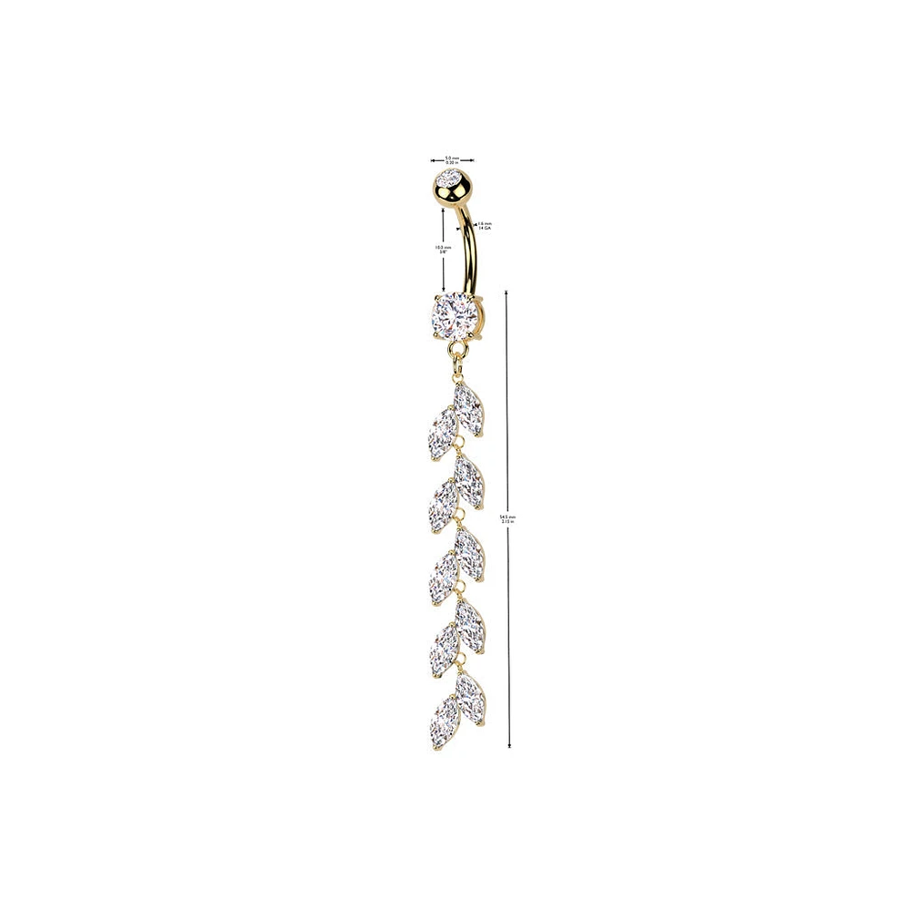 316L Surgical Steel Long White CZ Vine Dangle Belly Ring