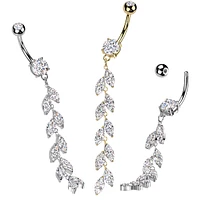 316L Surgical Steel Long White CZ Vine Dangle Belly Ring