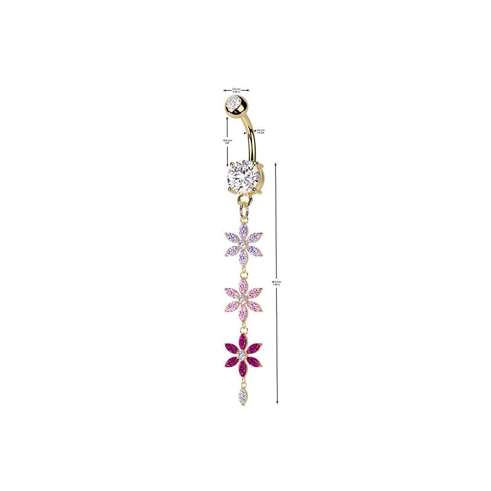 316L Surgical Steel Purple Pink & Red CZ Gem Flower Dangle Belly Ring