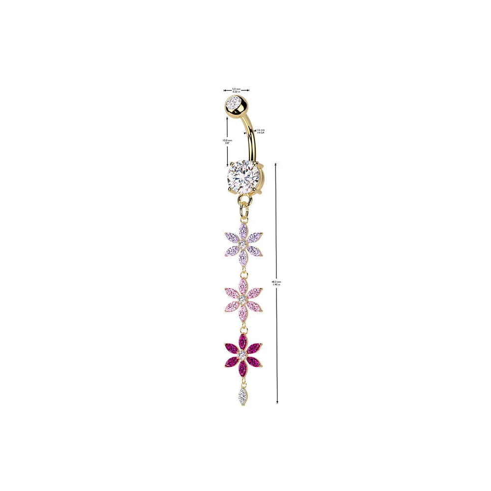 316L Surgical Steel Purple Pink & Red CZ Gem Flower Dangle Belly Ring