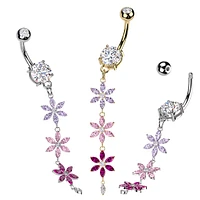 316L Surgical Steel Purple Pink & Red CZ Gem Flower Dangle Belly Ring