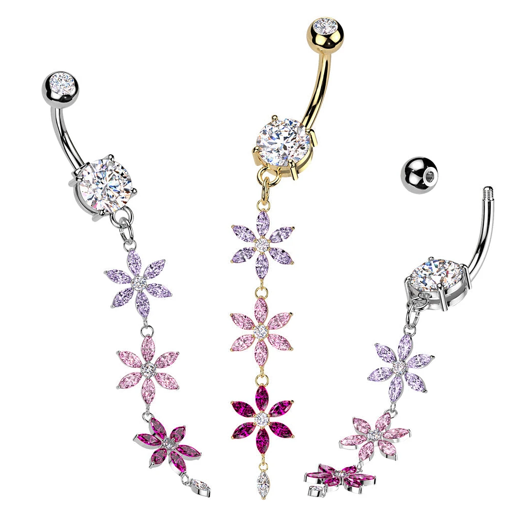 316L Surgical Steel Gold PVD Purple Pink & Red CZ Gem Flower Dangle Belly Ring