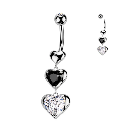 316L Surgical Steel Black & White CZ Heart Dangle Belly Ring